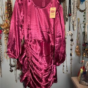 Elegant Satin Ruched Dress in Deep Pink